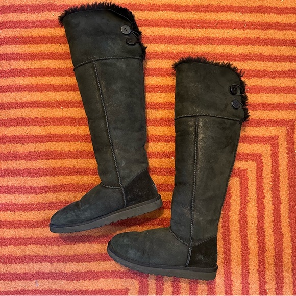 $395 UGG Bailey Button Over-the-Knee OTK 2-way Black Suede Shearling Fur Boots 8 - Picture 2 of 13
